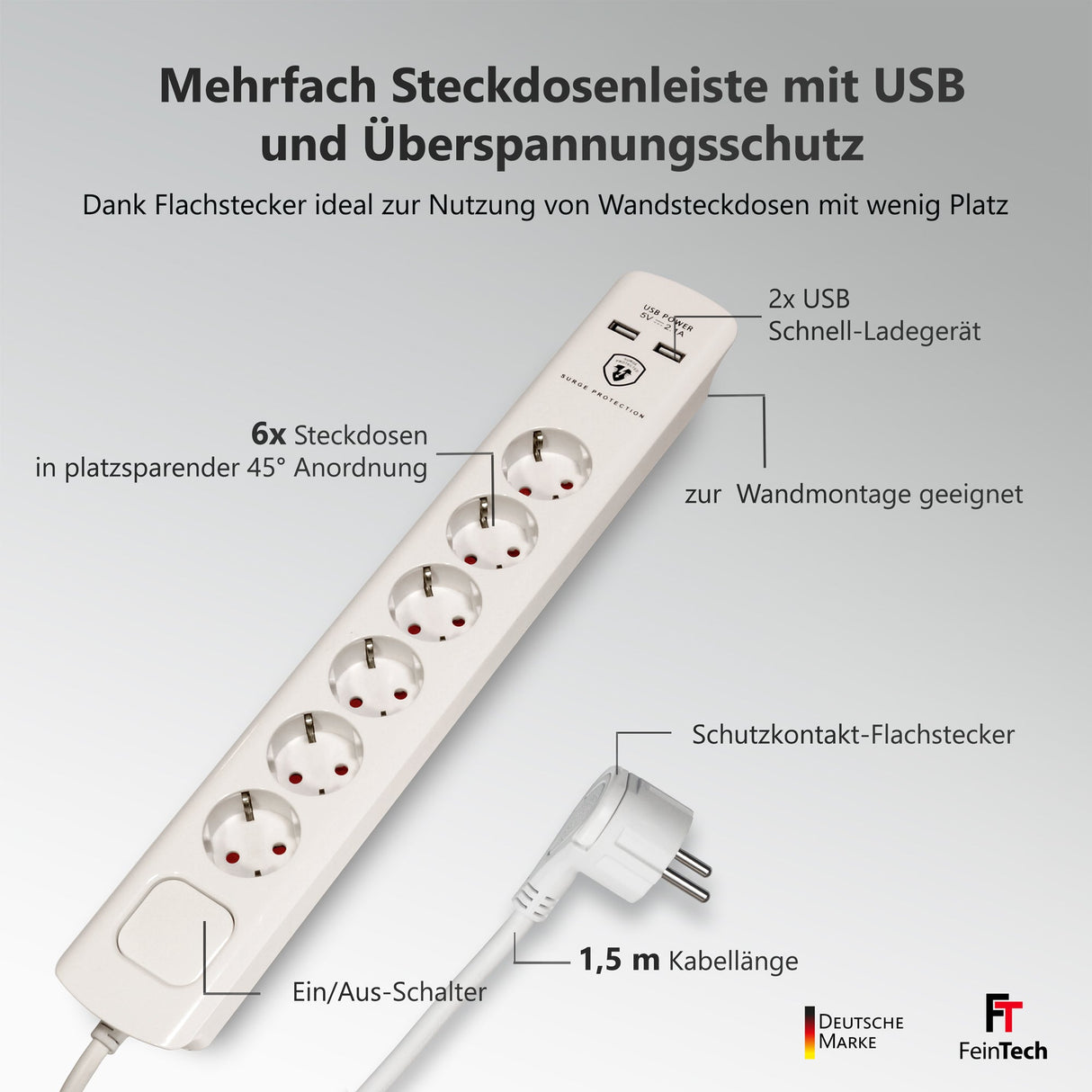 Mehrfach Steckdosenleiste mit Flachstecker und 2x USB - FeinTech