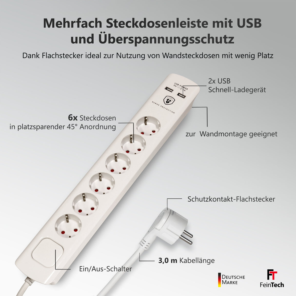 Mehrfach Steckdosenleiste mit Flachstecker und 2x USB - FeinTech