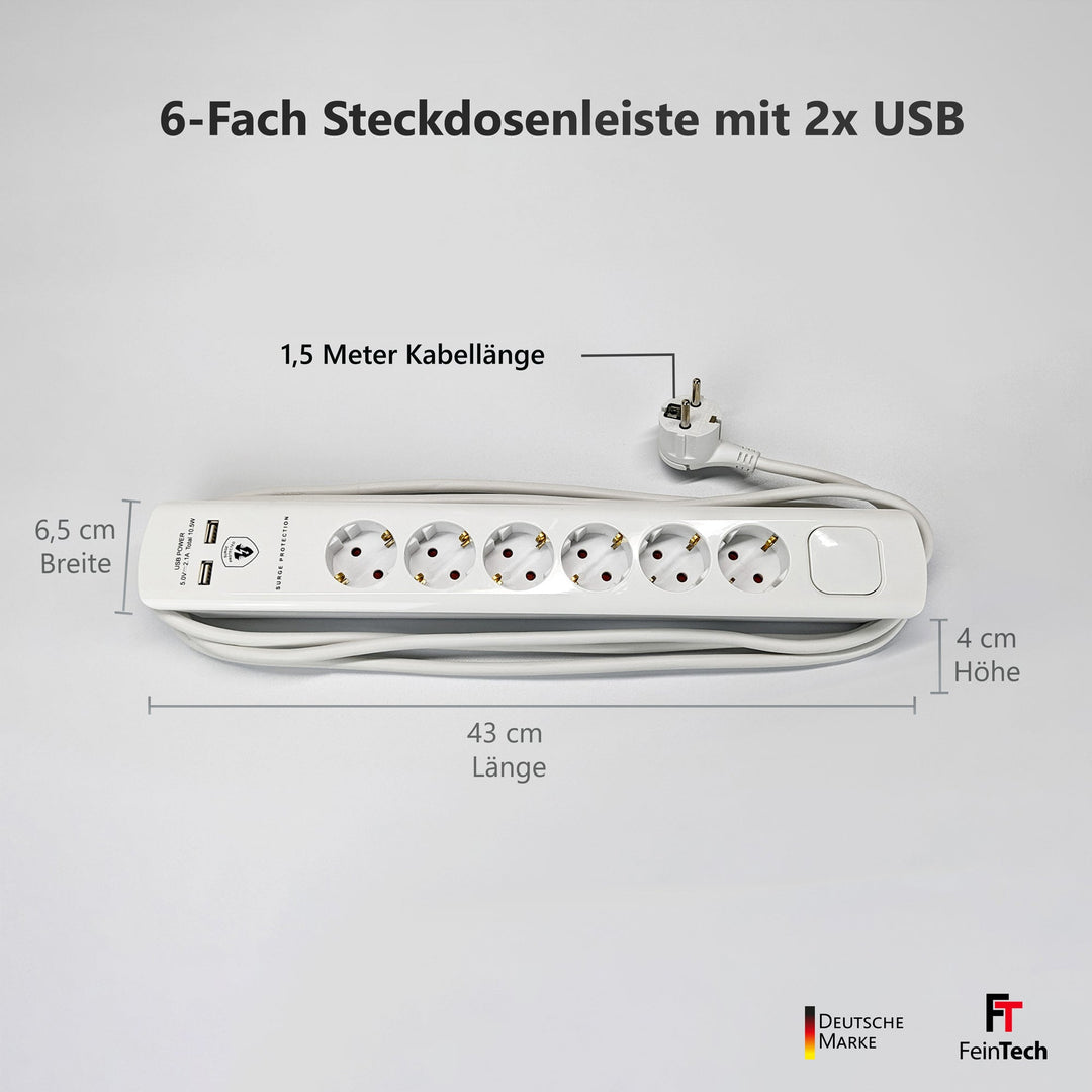 Mehrfach Steckdosenleiste mit Flachstecker und 2x USB - FeinTech