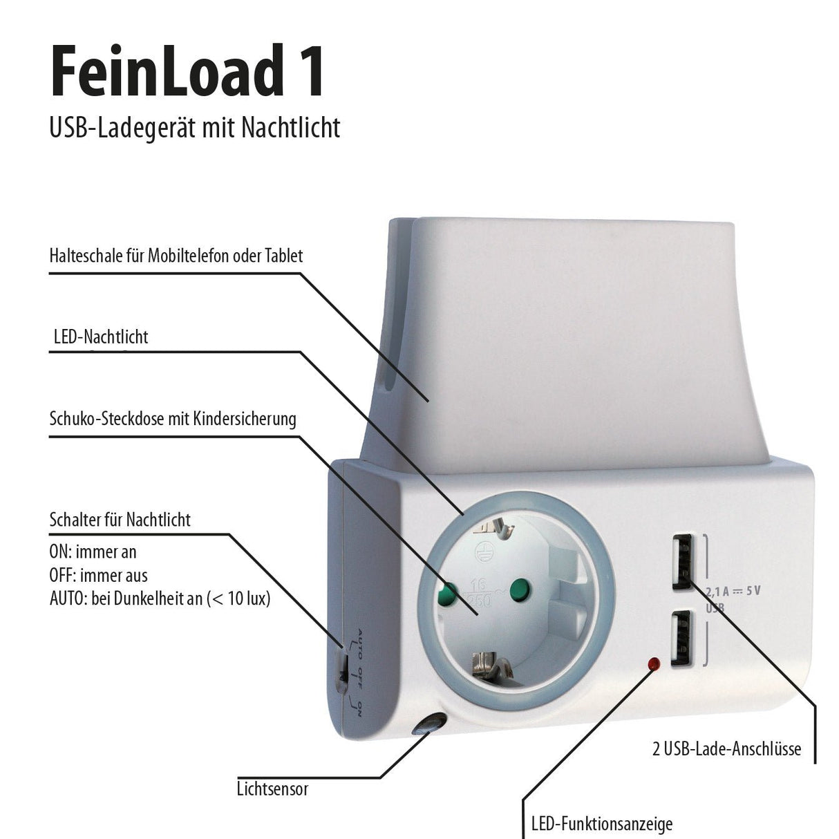 NLG00300 USB-Ladegerät mit Steckdose, LED-Nachtlicht und Halteschale - FeinTech