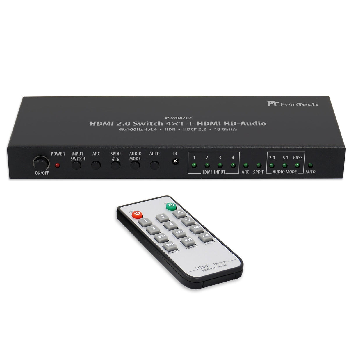 VSW04202 HDMI Switch 4 In 1 Out | 4K 60Hz | HDMI HD-Audio Extractor | Auto-Switching - FeinTech