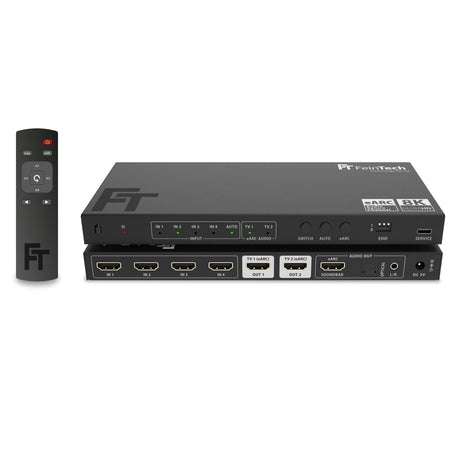 AX341 HDMI 2.1 eARC Splitter Switch 4 In 2 Out + Audio Extractor to eARC - Soundbar, Optical & AUX - FeinTech