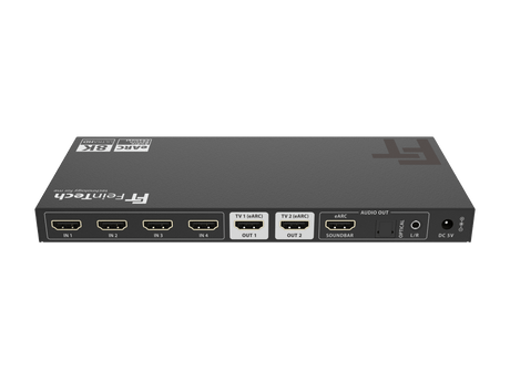 AX341 HDMI 2.1 eARC Splitter Switch 4 In 2 Out + Audio Extractor to eARC - Soundbar, Optical & AUX - FeinTech