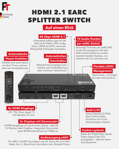 AX341 HDMI 2.1 eARC Splitter Switch 4 In 2 Out mit Audio Extractor (eARC-Soundbar, Optical & AUX) - FeinTech