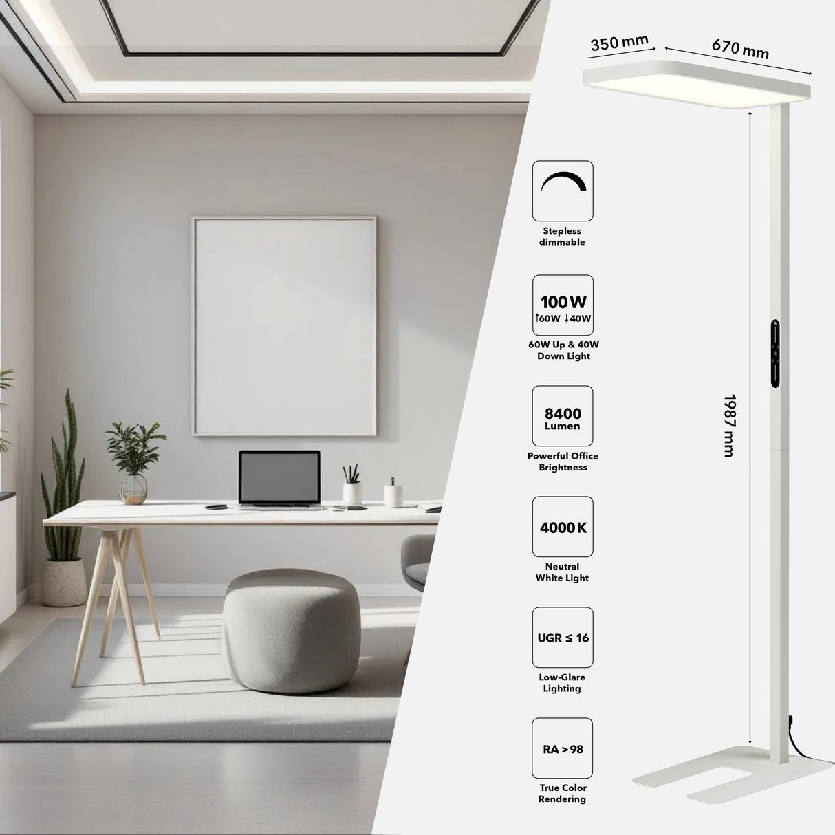 LT920 LED Büro Stehlampe 100W | 40W Down + 60W Up | 8400 Lumen | 4000K - FeinTech