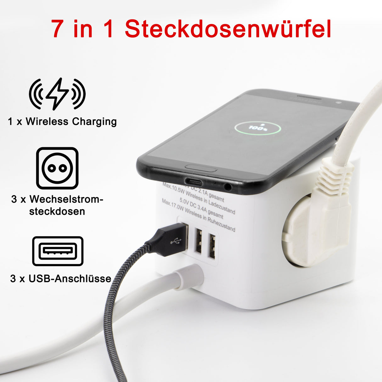 NLG00900 Steckdosenwürfel mit USB und induktiver Ladefunktion / Wireless Charging - FeinTech