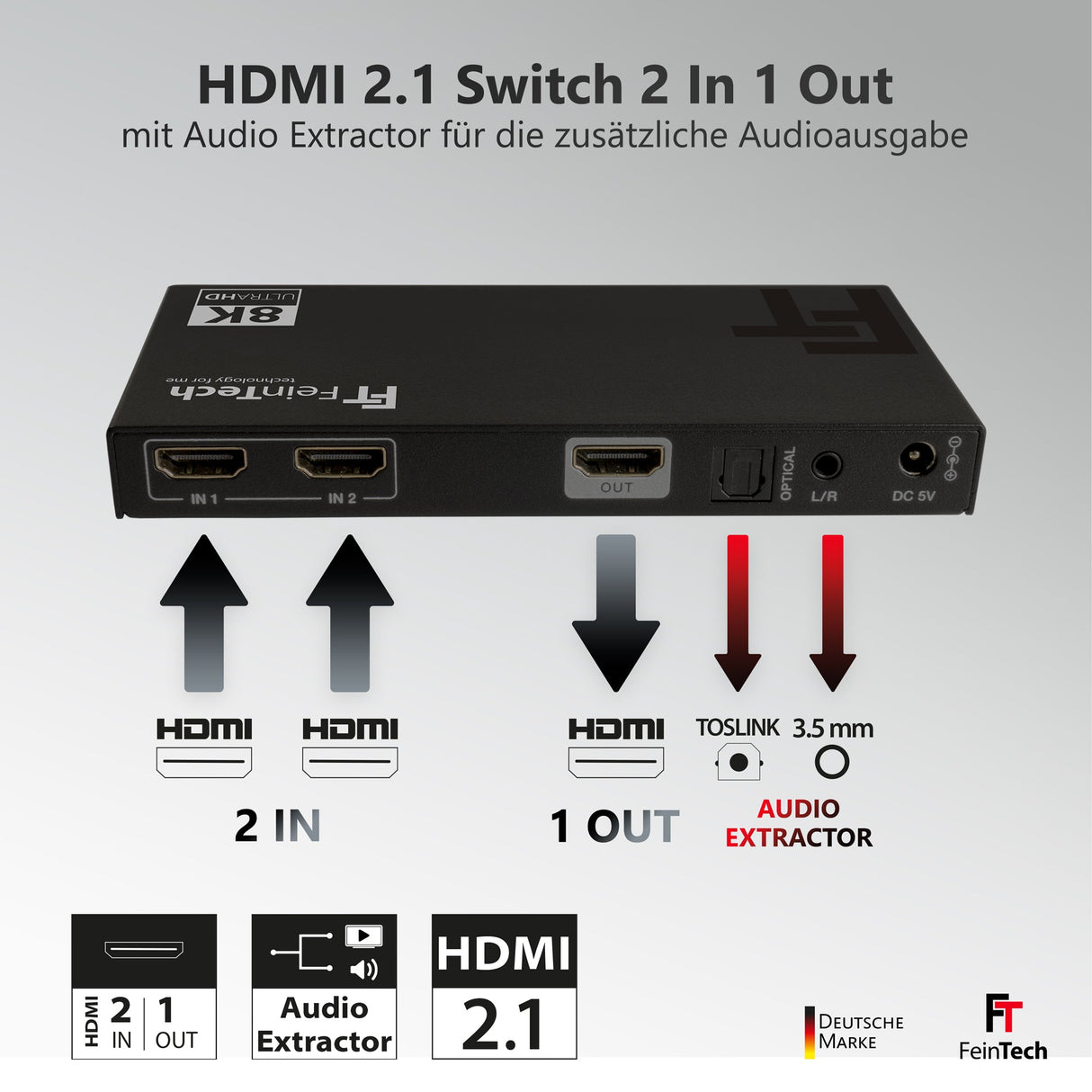 SW212 HDMI 2.1 Switch 2 In 1 Out mit Audio Extractor (Toslink & AUX) - FeinTech