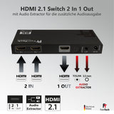 SW212 HDMI 2.1 Switch 2 In 1 Out mit Audio Extractor (Toslink & AUX) - FeinTech