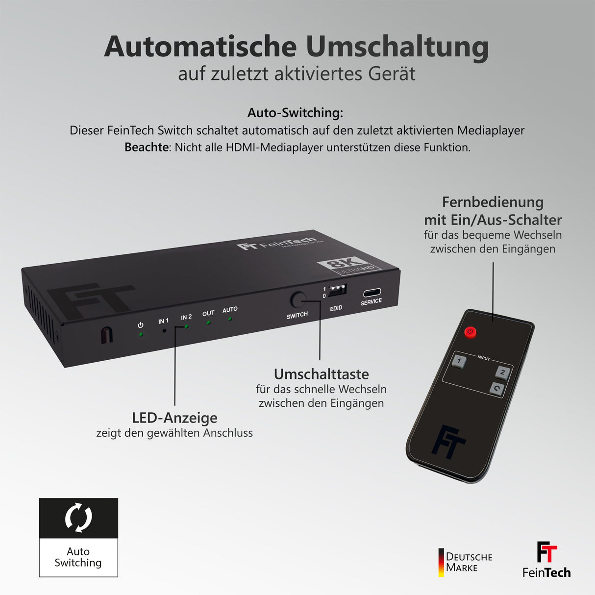 SW212 HDMI 2.1 Switch 2 In 1 Out mit Audio Extractor (Toslink & AUX) - FeinTech