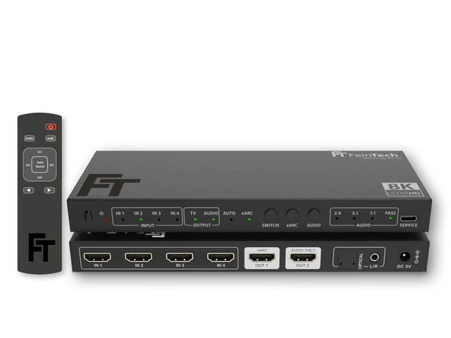 SW411 HDMI 2.1 Switch 4 In 1 Out mit HDMI Audio Extractor (HDMI - Audio, Toslink, AUX) | 4K 120Hz | eARC - FeinTech