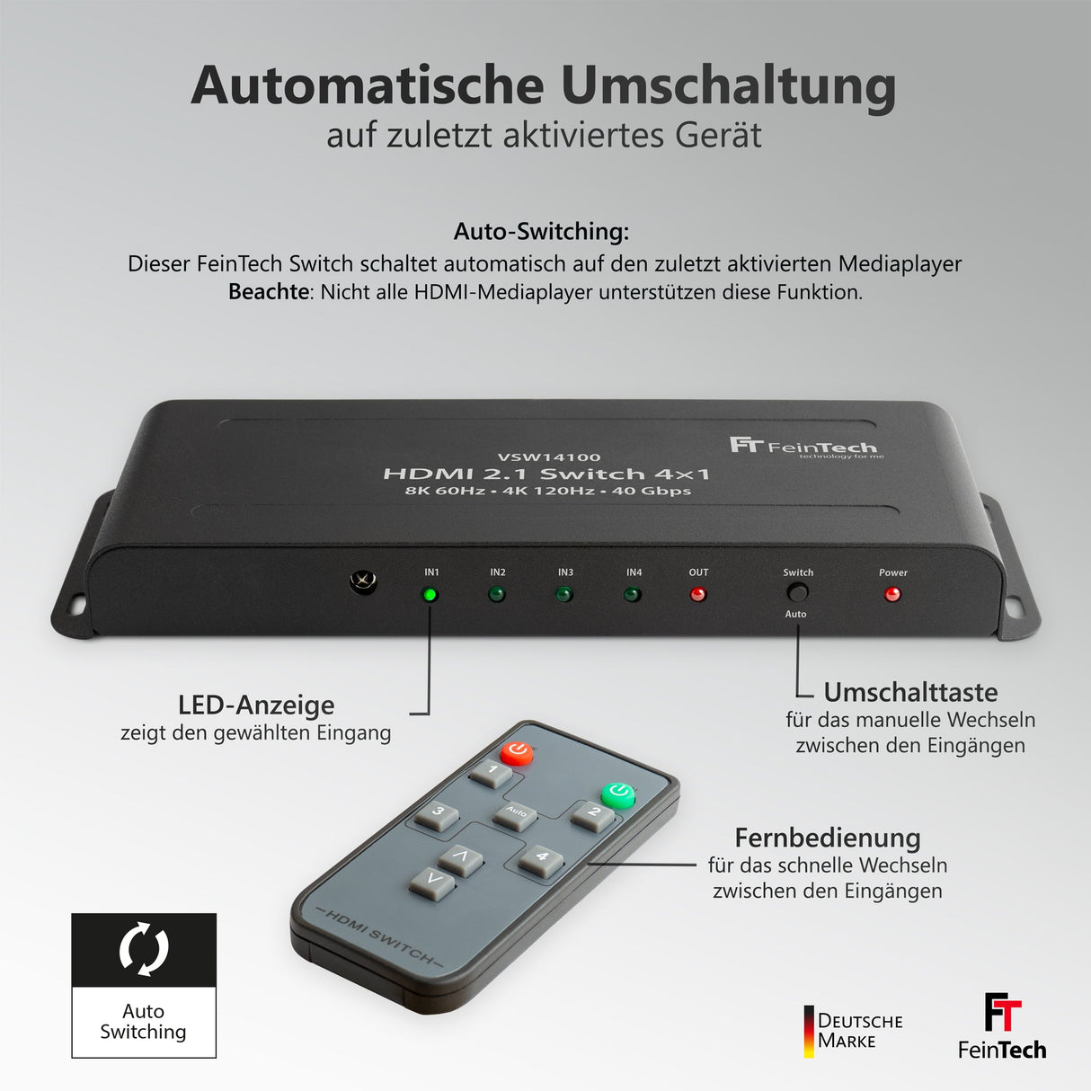 VSW14100 HDMI 2.1 Switch 4 In 1 Out | 4K 120Hz | Auto - Switching - FeinTech