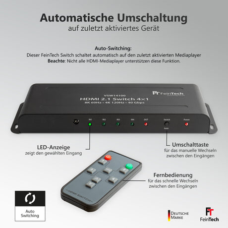 VSW14100 HDMI 2.1 Switch 4 In 1 Out | 4K 120Hz | Auto-Switching - FeinTech