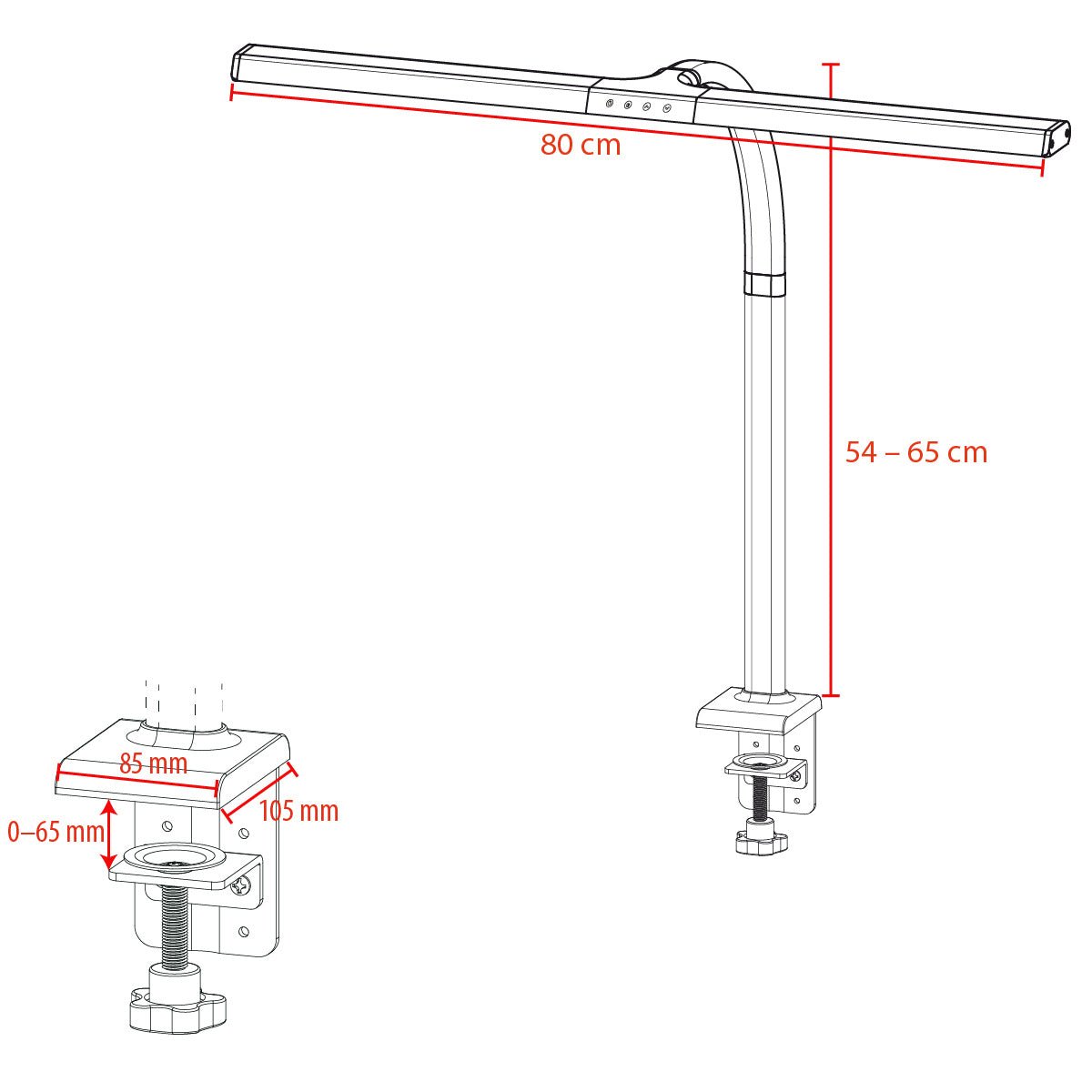 LTL00320 Große LED Schreibtischlampe mit Klemmfuß 80 cm weiß/silber - FeinTech