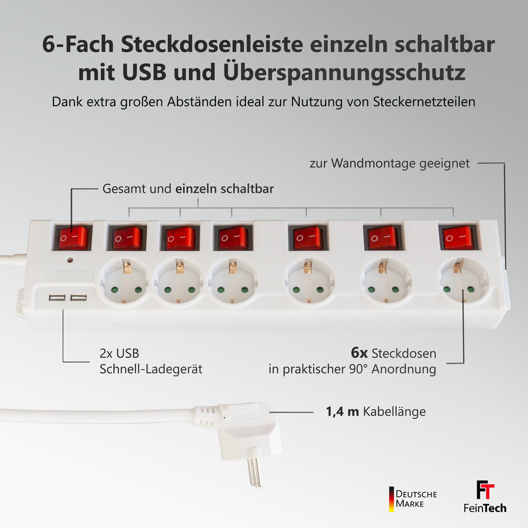 MD000652 6-socket power strip individually switchable with USB - FeinTech