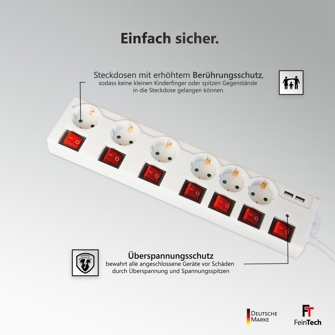 FeinTech 6-fach Steckdosenleiste mit Überspannungsschutz, einzeln