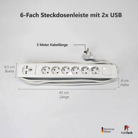 Mehrfach Steckdosenleiste mit Flachstecker und 2x USB - FeinTech