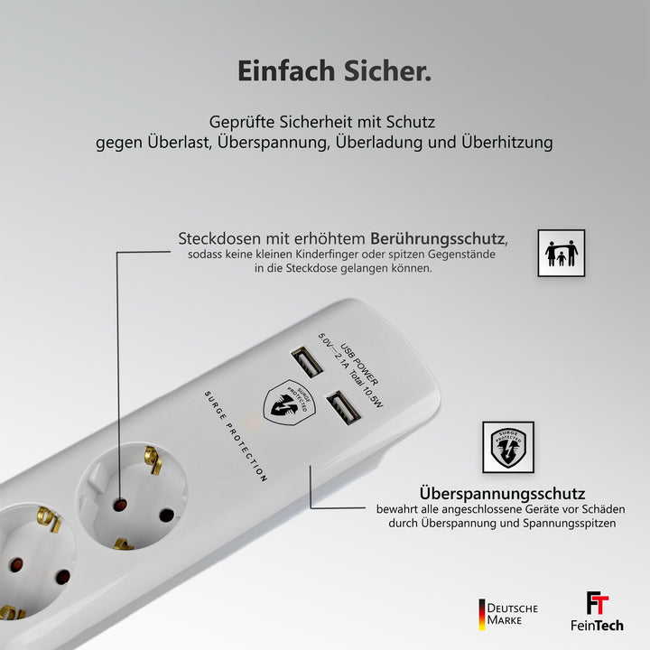Mehrfach Steckdosenleiste mit Flachstecker und 2x USB - FeinTech