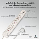 Mehrfach Steckdosenleiste mit Flachstecker und 2x USB - FeinTech