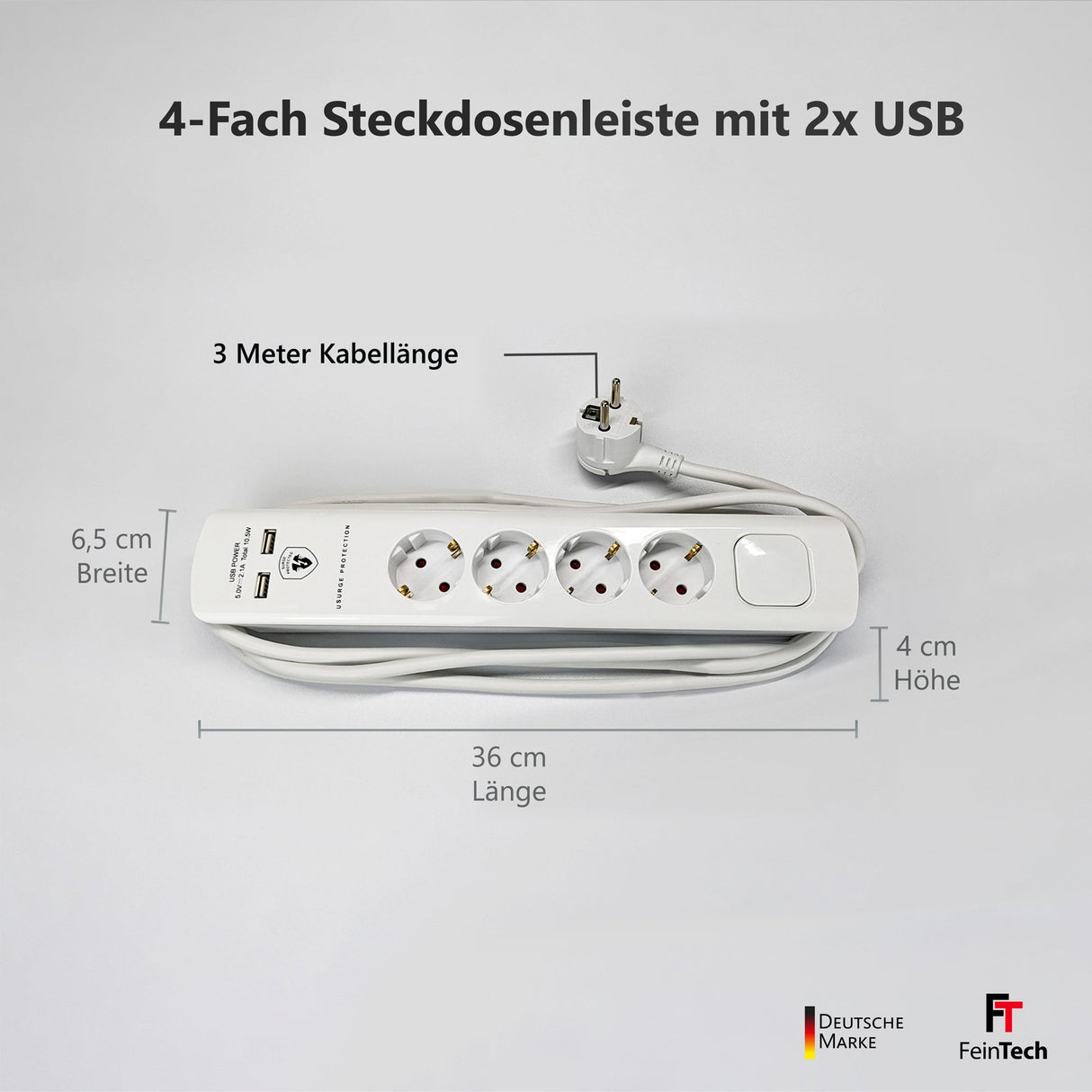 Mehrfach Steckdosenleiste mit Flachstecker und 2x USB - FeinTech