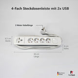 Mehrfach Steckdosenleiste mit Flachstecker und 2x USB - FeinTech