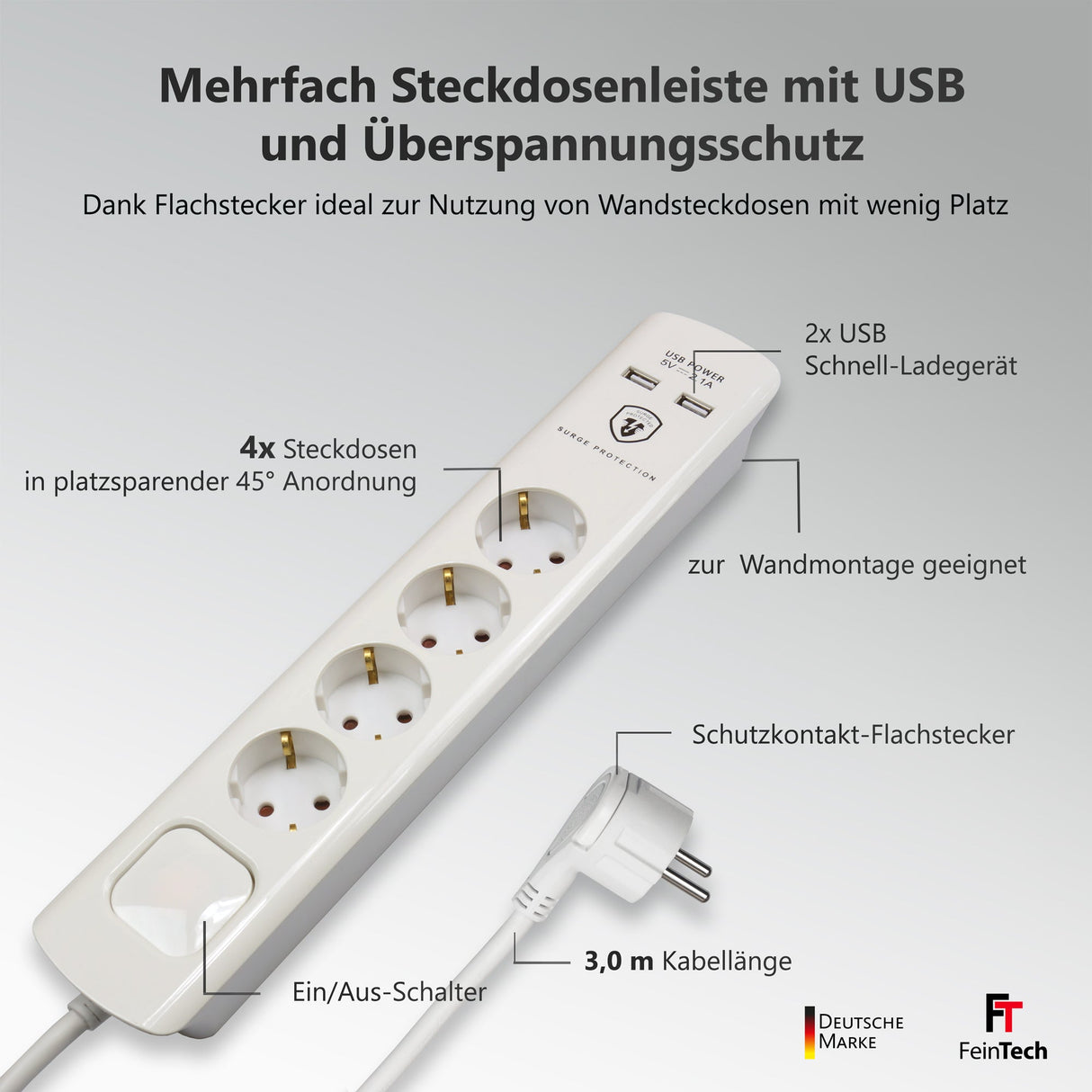 Mehrfach Steckdosenleiste mit Flachstecker und 2x USB - FeinTech