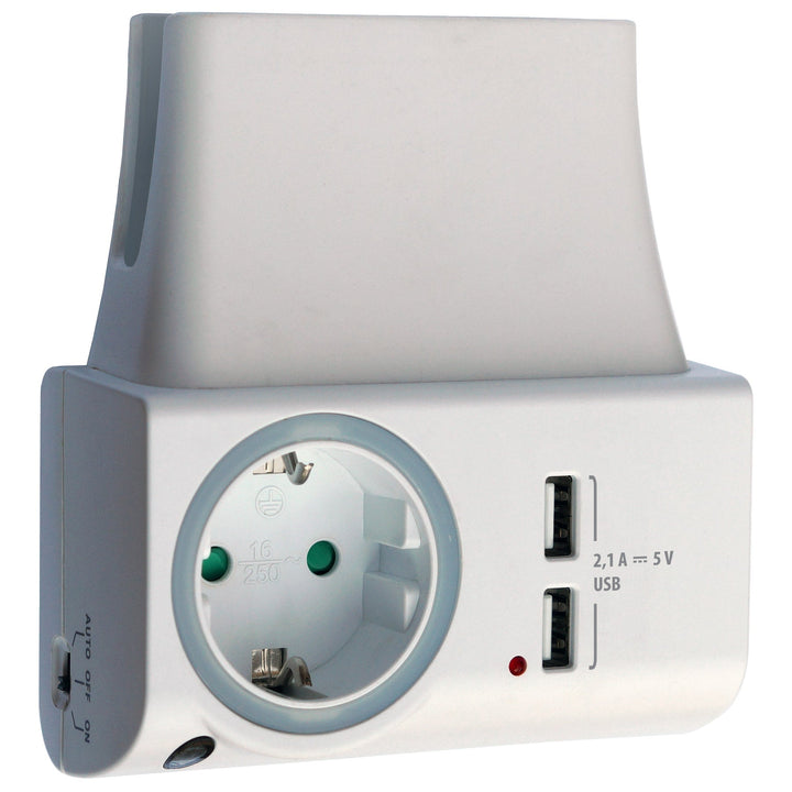 NLG00300 USB-Ladegerät mit Steckdose, LED-Nachtlicht und Halteschale - FeinTech