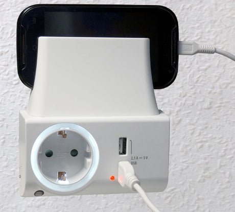 NLG00300 USB-Ladegerät mit Steckdose, LED-Nachtlicht und Halteschale - FeinTech