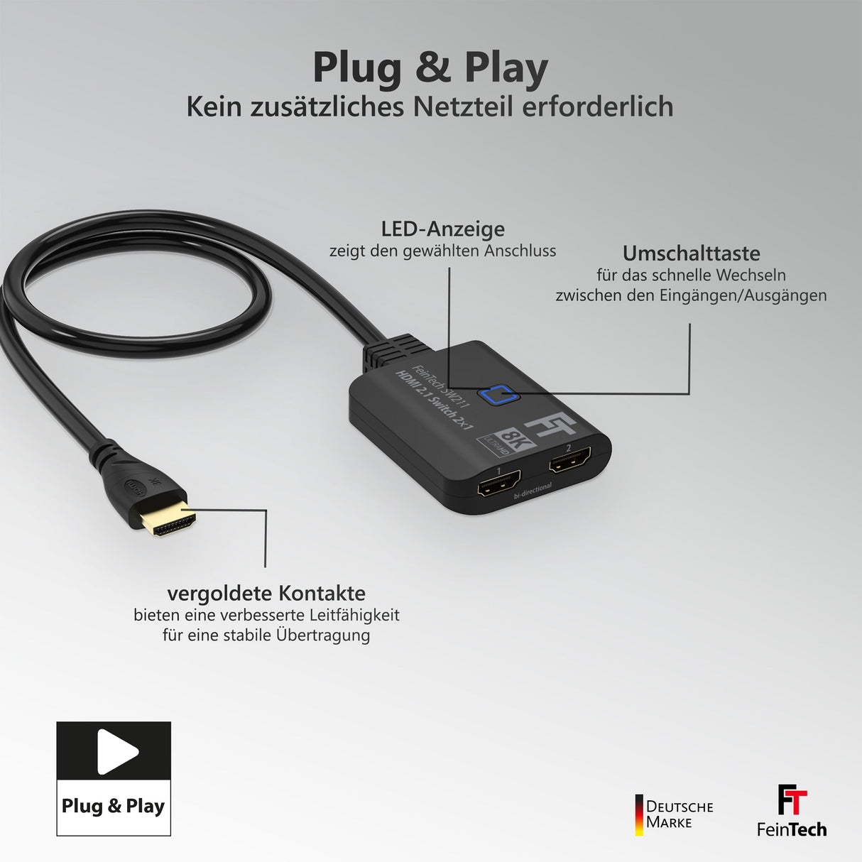 SW211 HDMI 2.1 Switch 2x1 bi-direktional mit Kabel - FeinTech