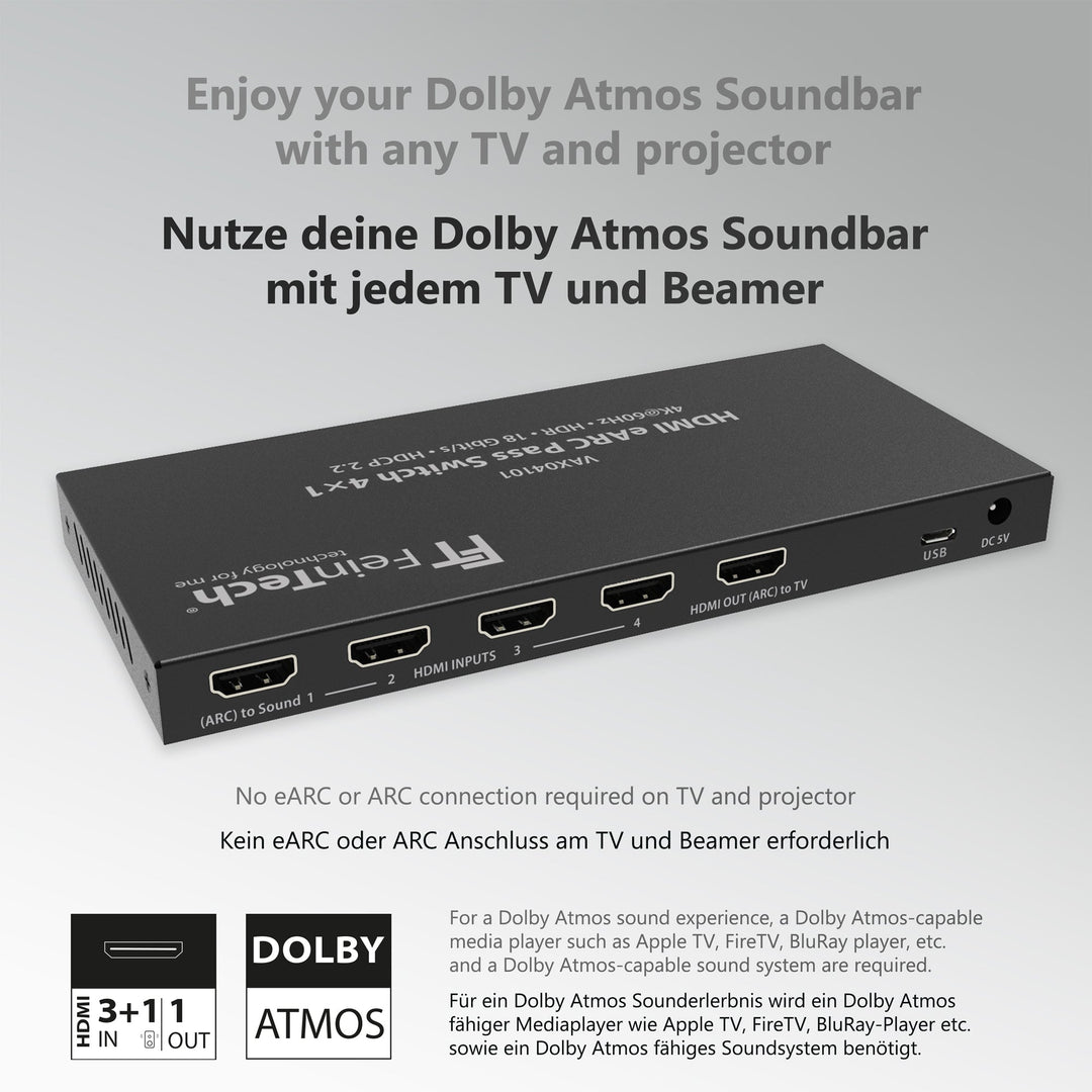 VAX04101 HDMI eARC Pass Switch 4x1 für Soundbar - FeinTech